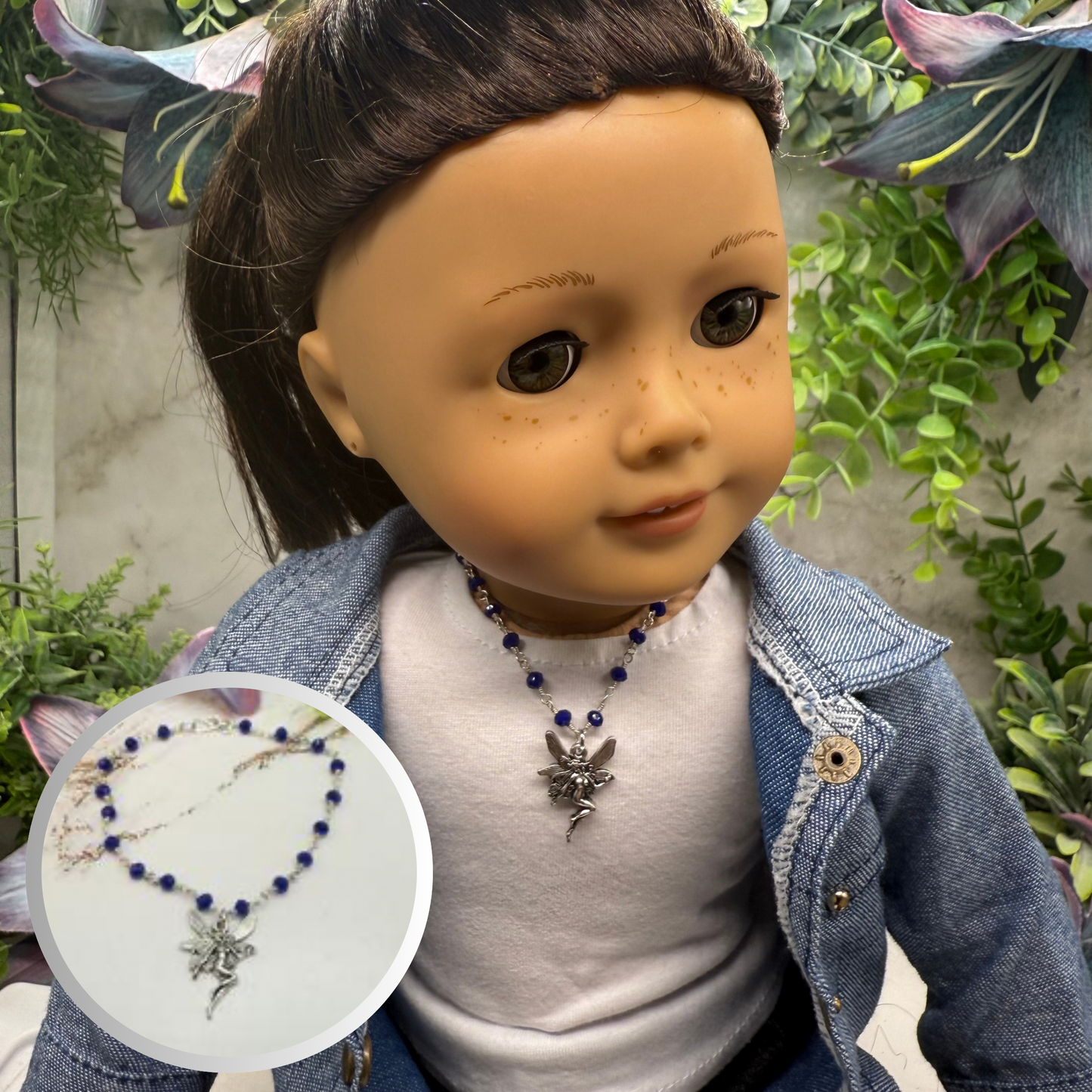 Silver-Tone Fairy Pendant Blue Glass Crystal Beaded Doll Necklace • 18 Inch Fashion Doll Jewelry