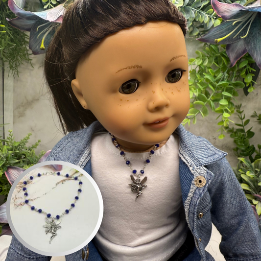Silver-Tone Fairy Pendant Blue Glass Crystal Beaded Doll Necklace • 18 Inch Fashion Doll Jewelry