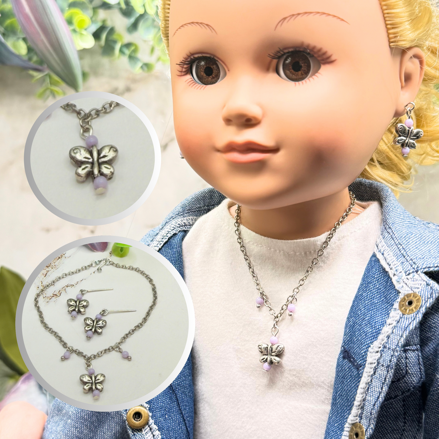 Silver Butterfly Light Purple Bead Accent Charm Doll Necklace & Earrings • 18 Inch Fashion Doll Jewelry