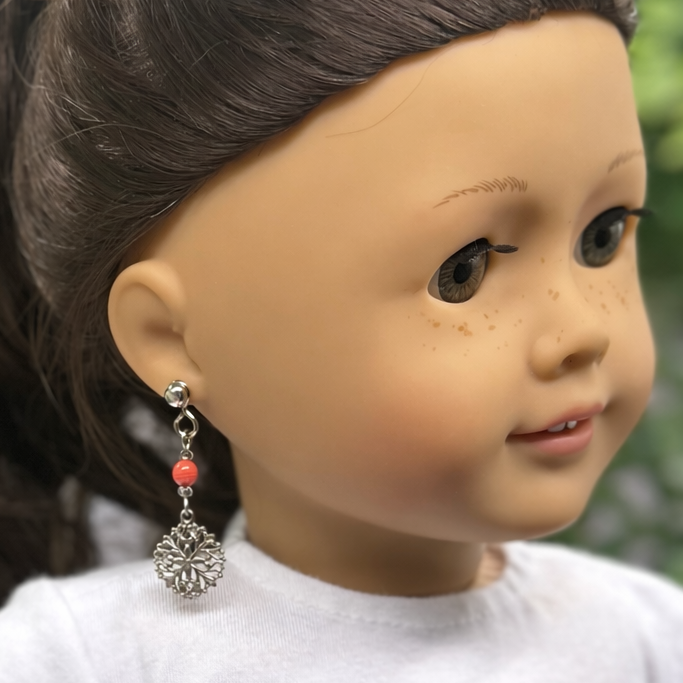 Dark Orange Bead with Silver Filigree Dangle Doll Earring DANGLE ONLY fits 2mm post for 18 Inch Fashion Dolls