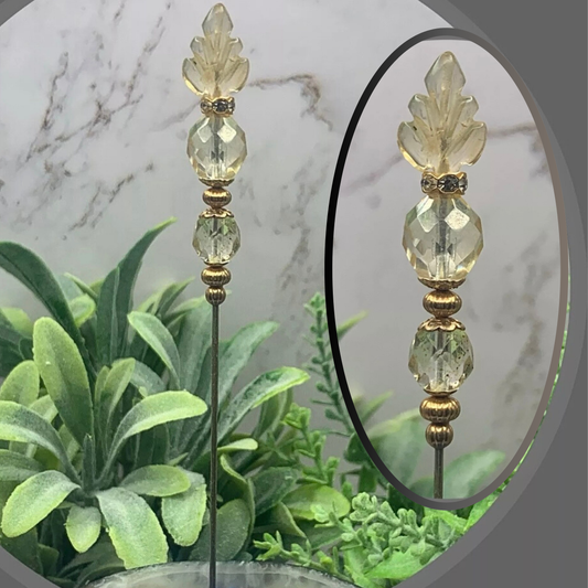 Light Yellow Glass Leaf Crystal Beaded - 6.25” Pin • Hatpin - Stick Pin