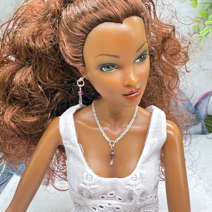 Silver Dangle Purple Pearl Doll Necklace & Earrings • 16 Inch Fashion Doll Jewelry