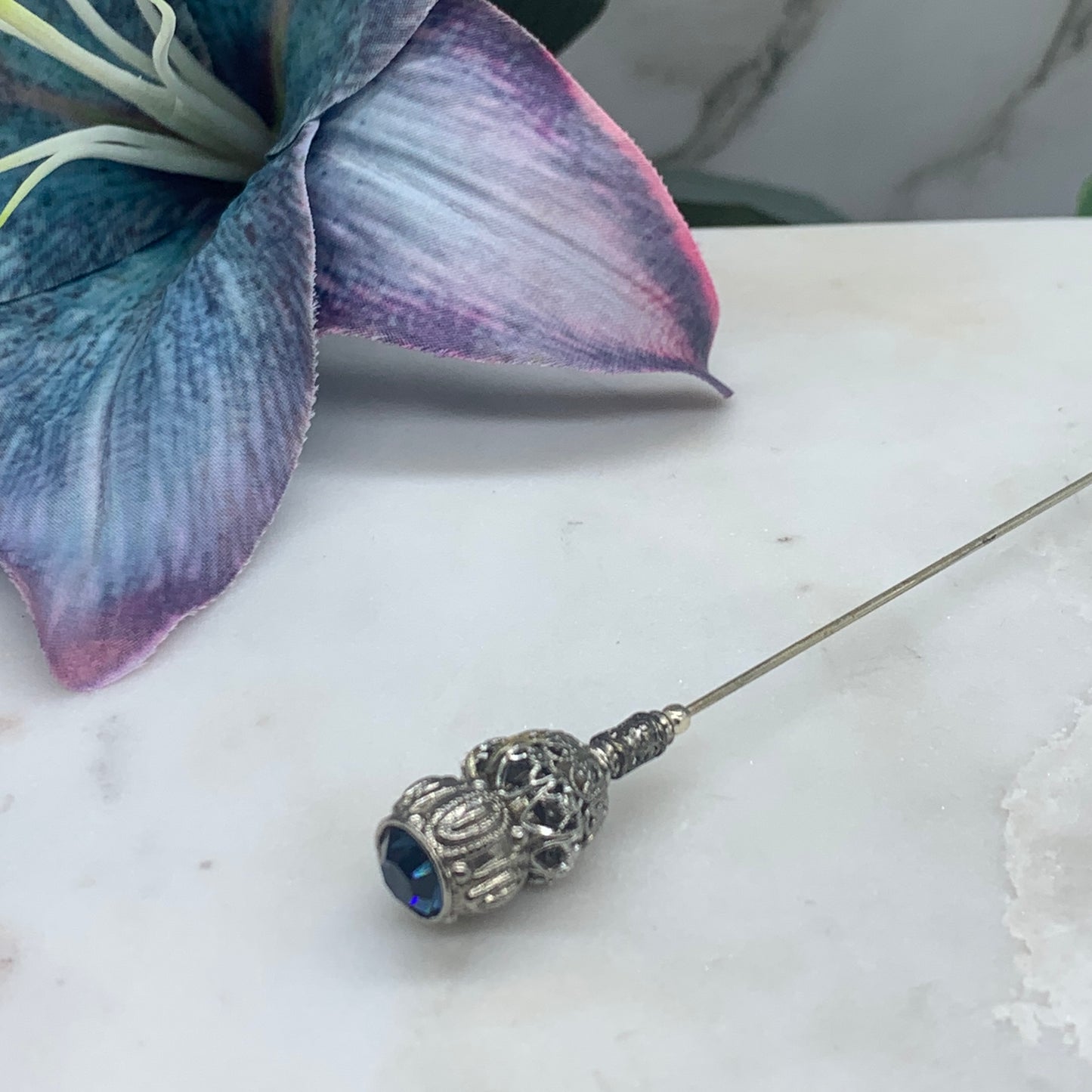 Blue Rhinestone Silver Filigree - 8.5” • Hatpin - Stick Pin