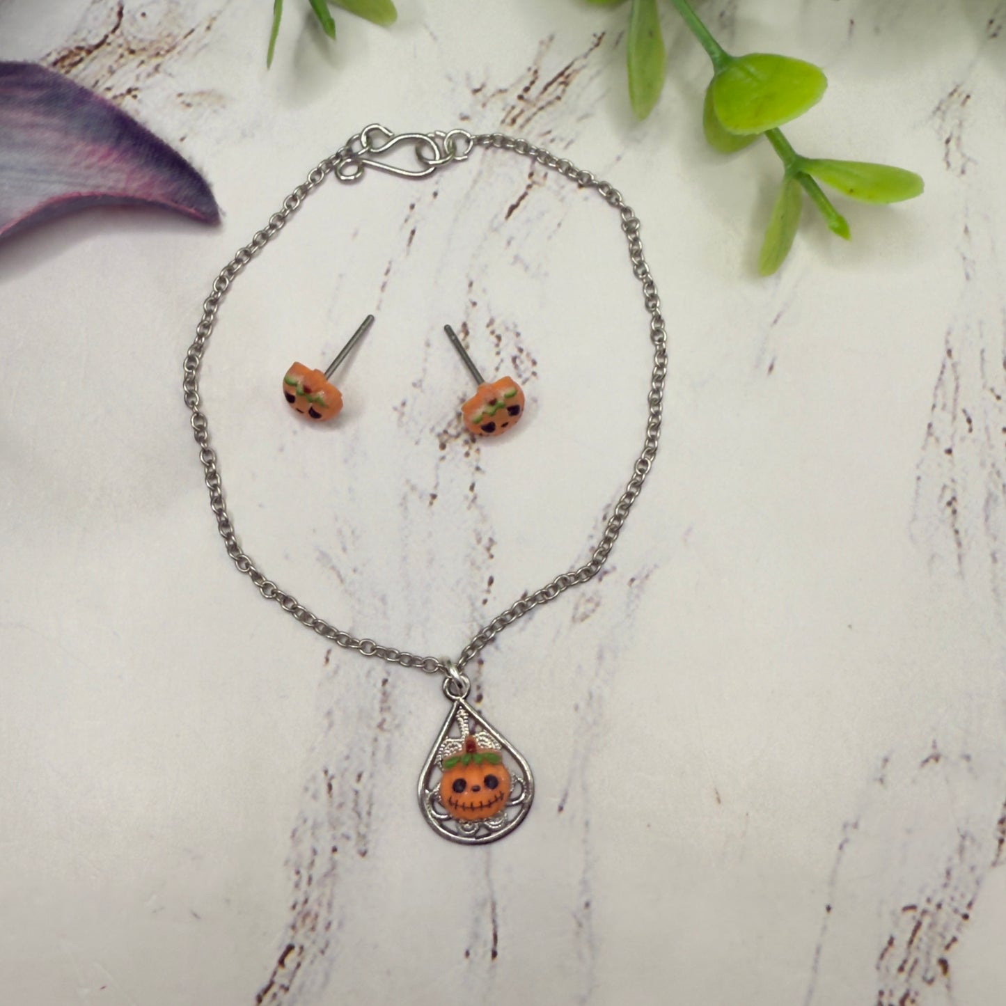 Pumpkin Halloween Pendant Silver Doll Necklace and Post Earrings • 18 Inch Fashion Doll Jewelry