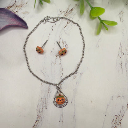 Pumpkin Halloween Pendant Silver Doll Necklace and Post Earrings • 18 Inch Fashion Doll Jewelry