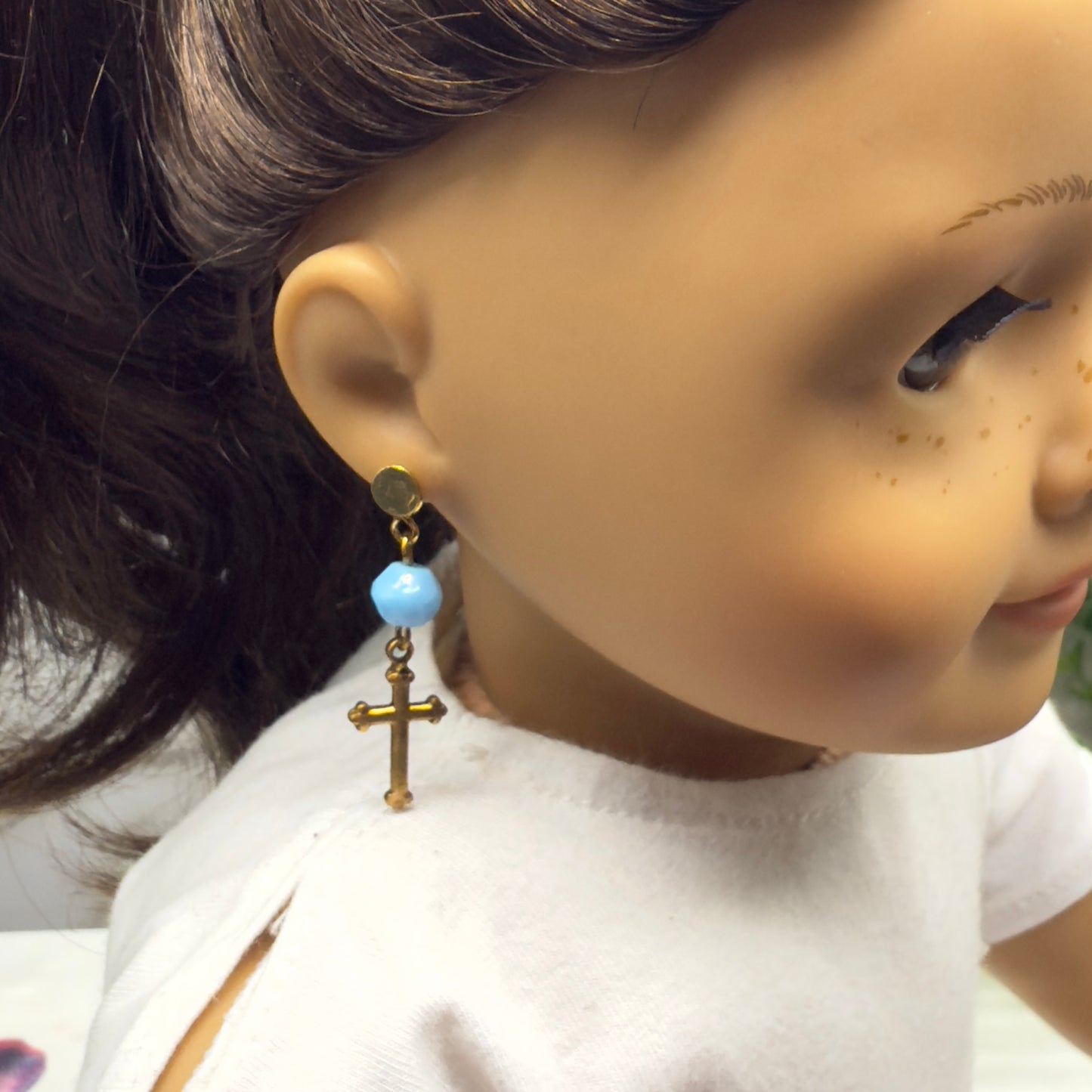 Gold Cross Blue Glass Doll Earring DANGLE ONLY • 18” Fashion Doll Jewelry