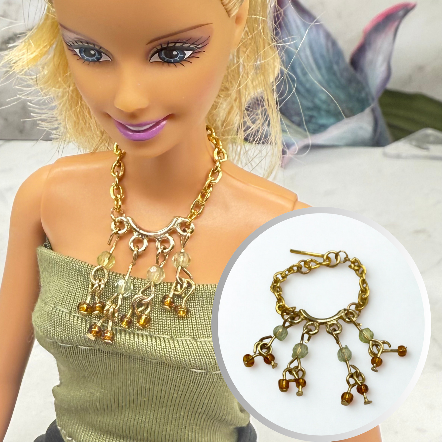 Light Gray & Brown  Beaded Multi Dangle Gold Doll Necklace
 • 10-12 Inch Fashion Doll Jewelry 1:6