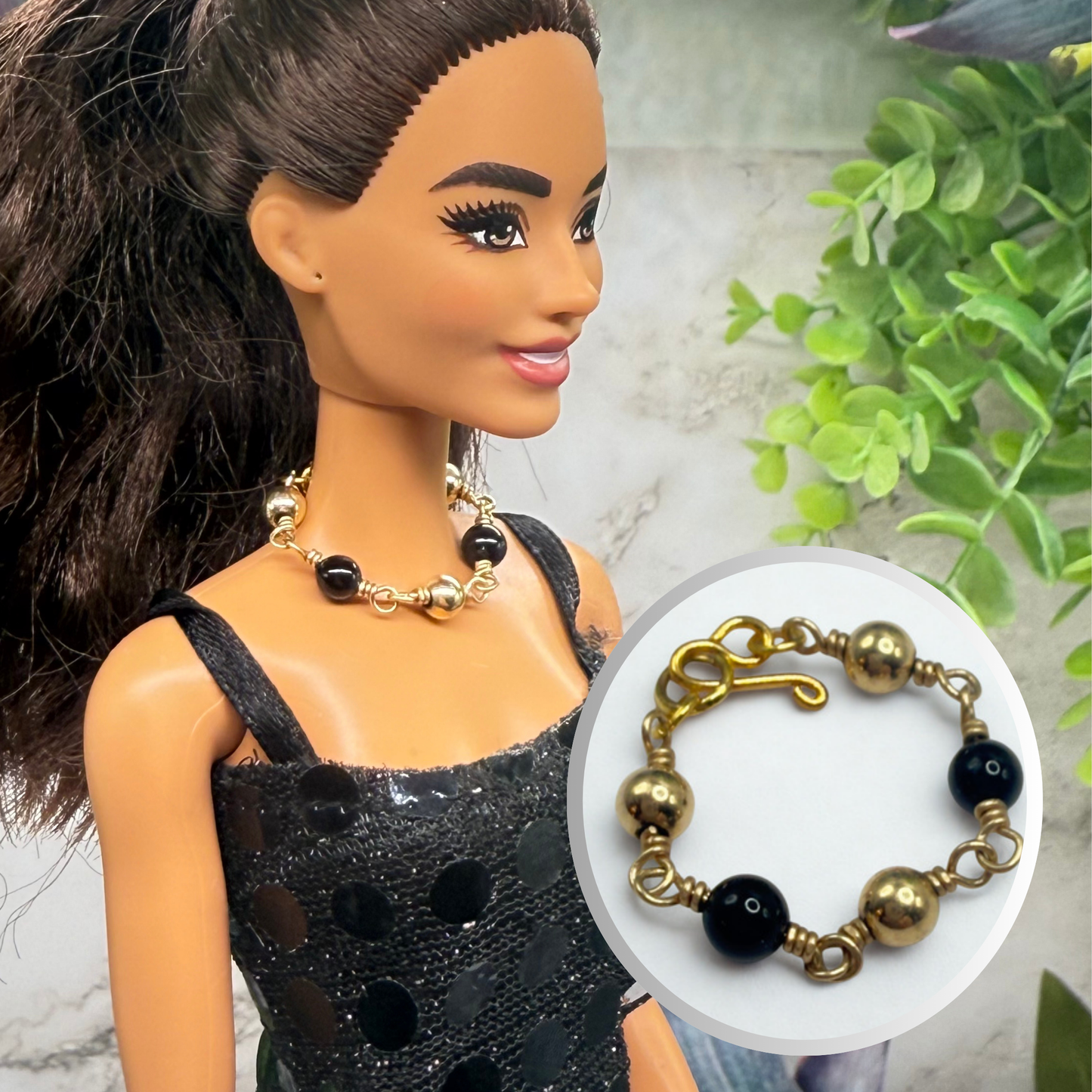 Gold & Black Bead Statement Doll Necklace • 10-12 Inch Fashion Doll Jewelry 1:6