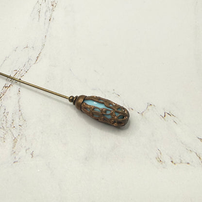 Ornate Vintage Style Copper Tone Lantern shape Filigree Cage Turquoise Glass Hatpin - 5 inch • Hatpin - Stick Pin