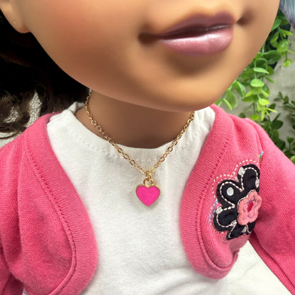 Pink Heart Charm Gold Chain Doll Necklace • 18 Inch Fashion Doll Jewelry