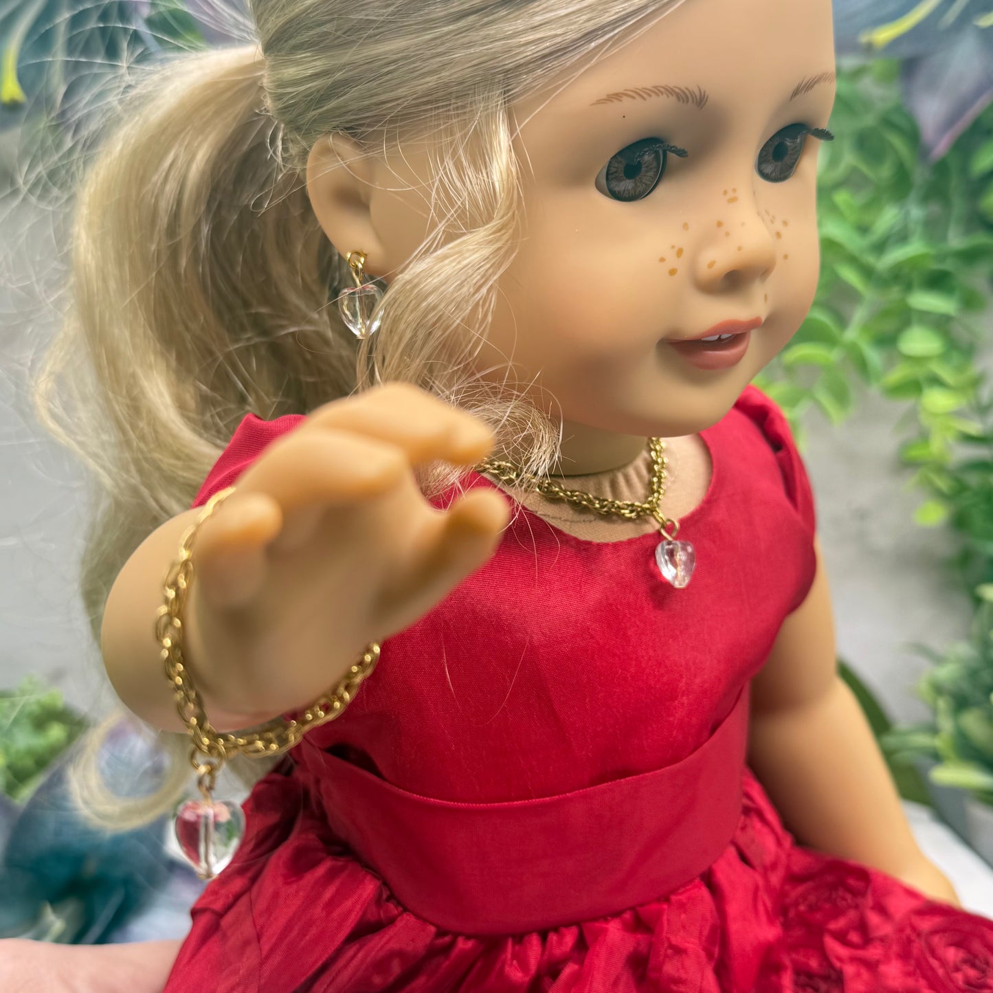 Clear Heart Charm Gold Chain Doll Necklace Bracelet & Earrings • 18 Inch Fashion Doll Jewelry