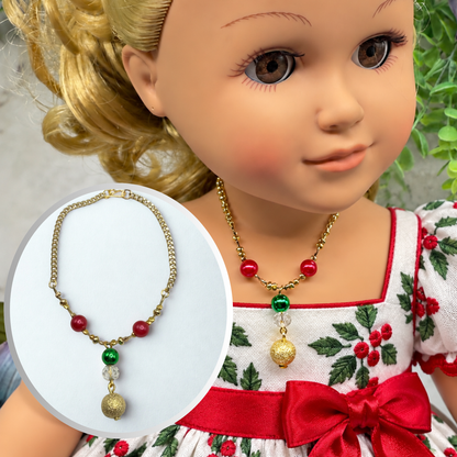 Red Green Christmas Pearl Bead Gold Chain Doll Necklace • 18 Inch Fashion Doll Jewelry