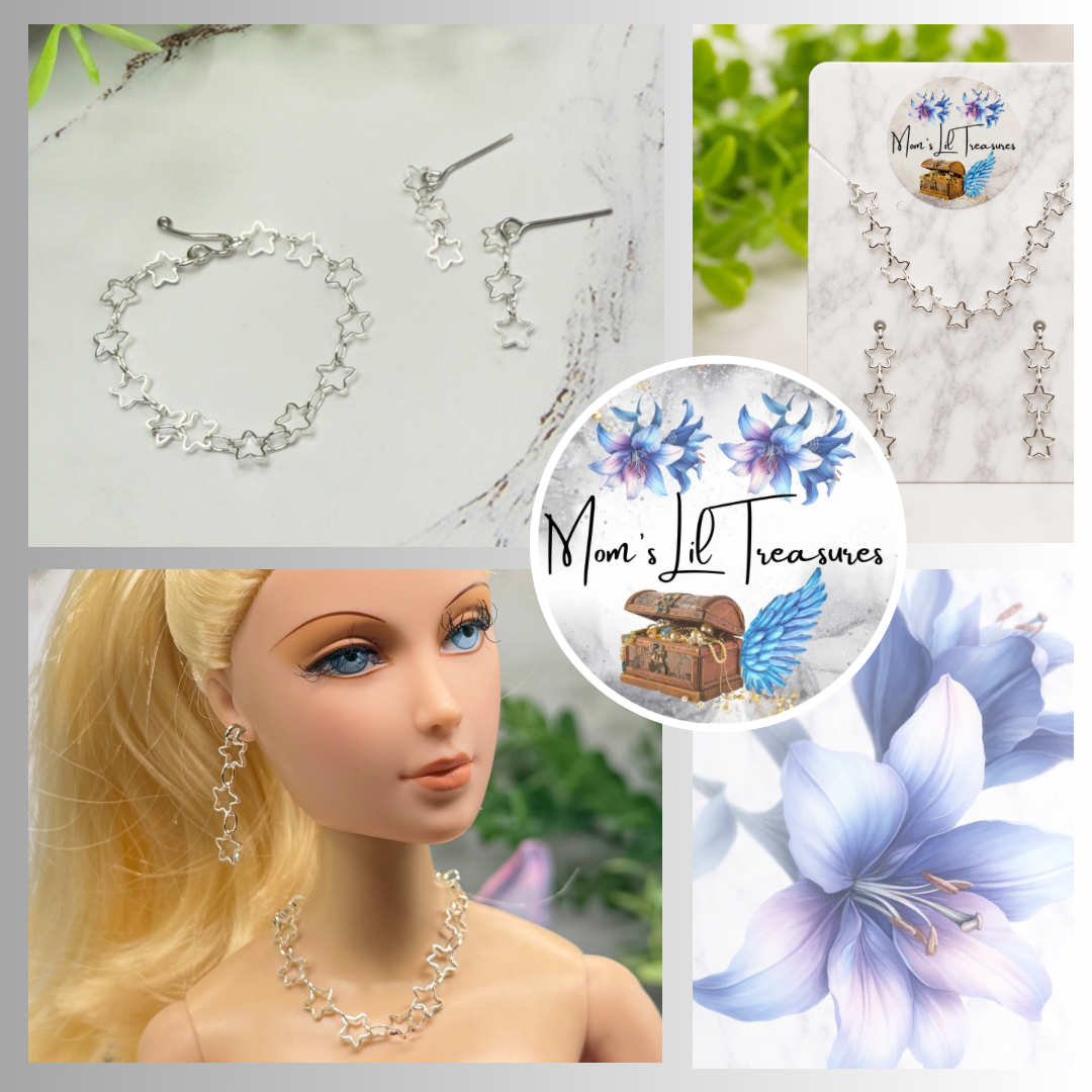 Open Work Silver Star Chain Doll Necklace & Earrings Set for 16 Inch Fashion Doll