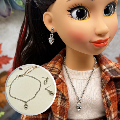 Acorn Harvest Autumn Charm Silver Doll Necklace and Earrings Set | for 18 Inch Fashion Dolls