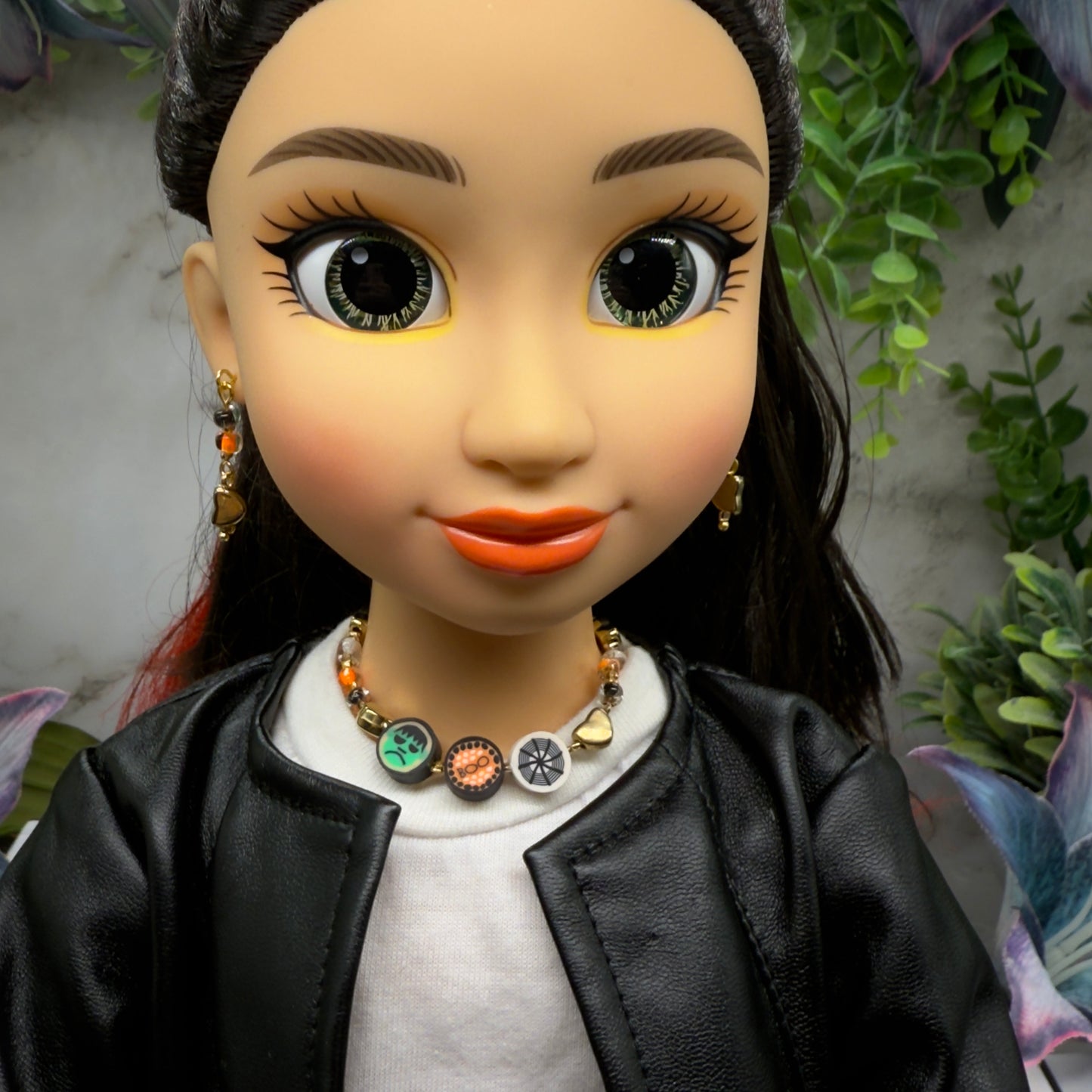 Halloween Boo Spider Web Frankenstein Acrylic Silicone Beaded Doll Necklace and Earrings Set • 18 Inch Fashion Doll Jewelry