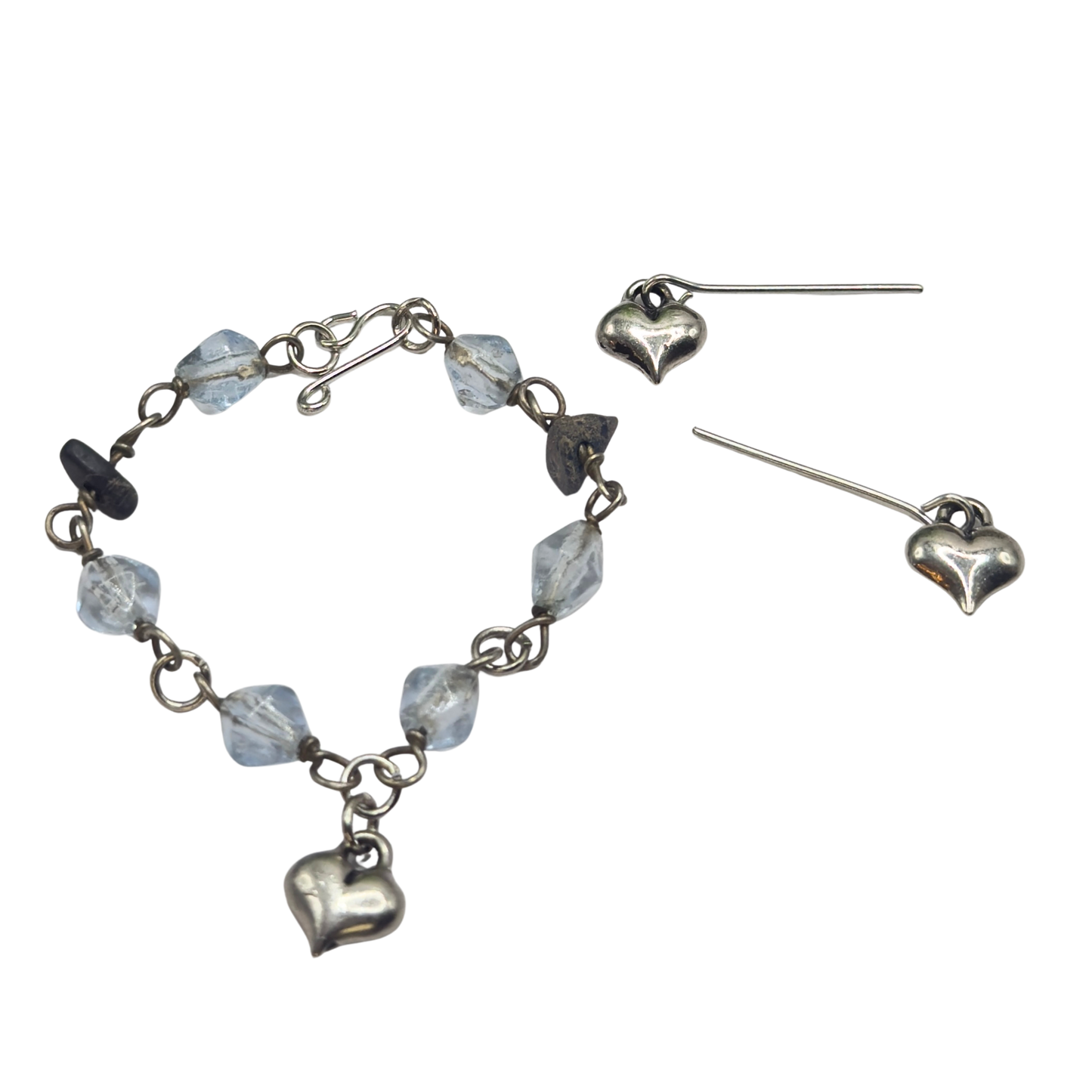 Blue Glass Beaded Silver Heart Charm Doll Necklace & Earrings • 14 Inch Fashion Doll Jewelry