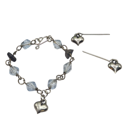 Blue Glass Beaded Silver Heart Charm Doll Necklace & Earrings • 14 Inch Fashion Doll Jewelry