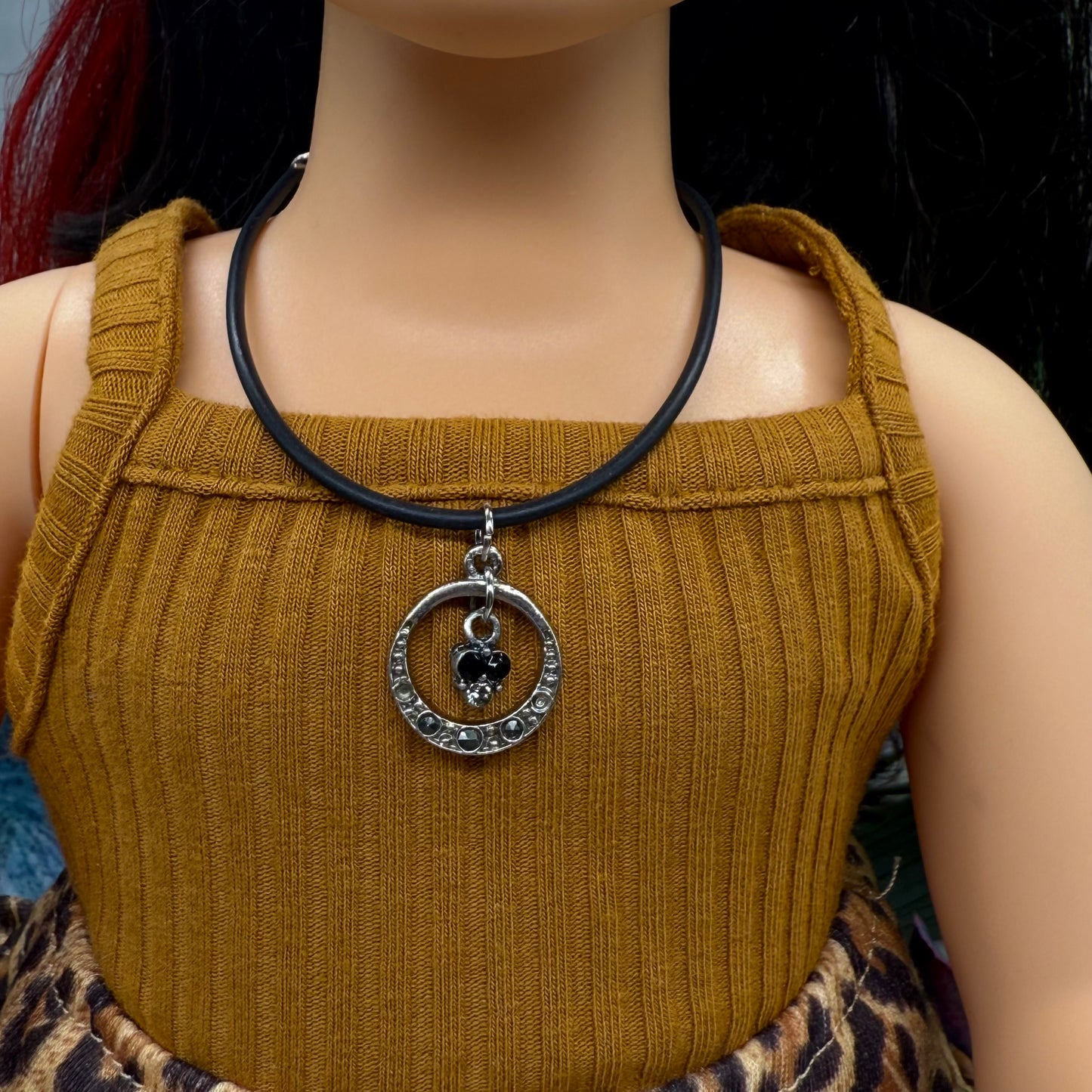 Black Gray Metallic Rhinestone Accent Circle Pendant Black Silicone Rubber Doll Necklace• 18 Inch Fashion Doll Jewelry