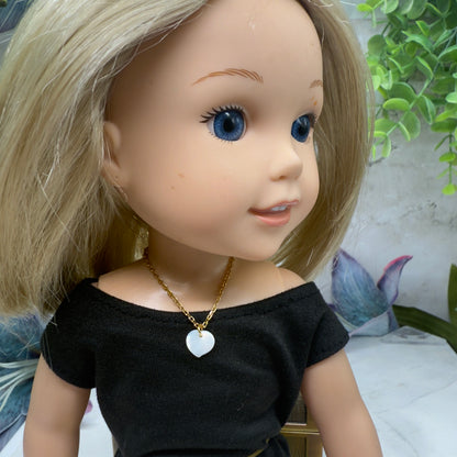 Mother of Pearl Heart Charm Gold Chain Doll Necklace • 14 Inch Doll Jewelry