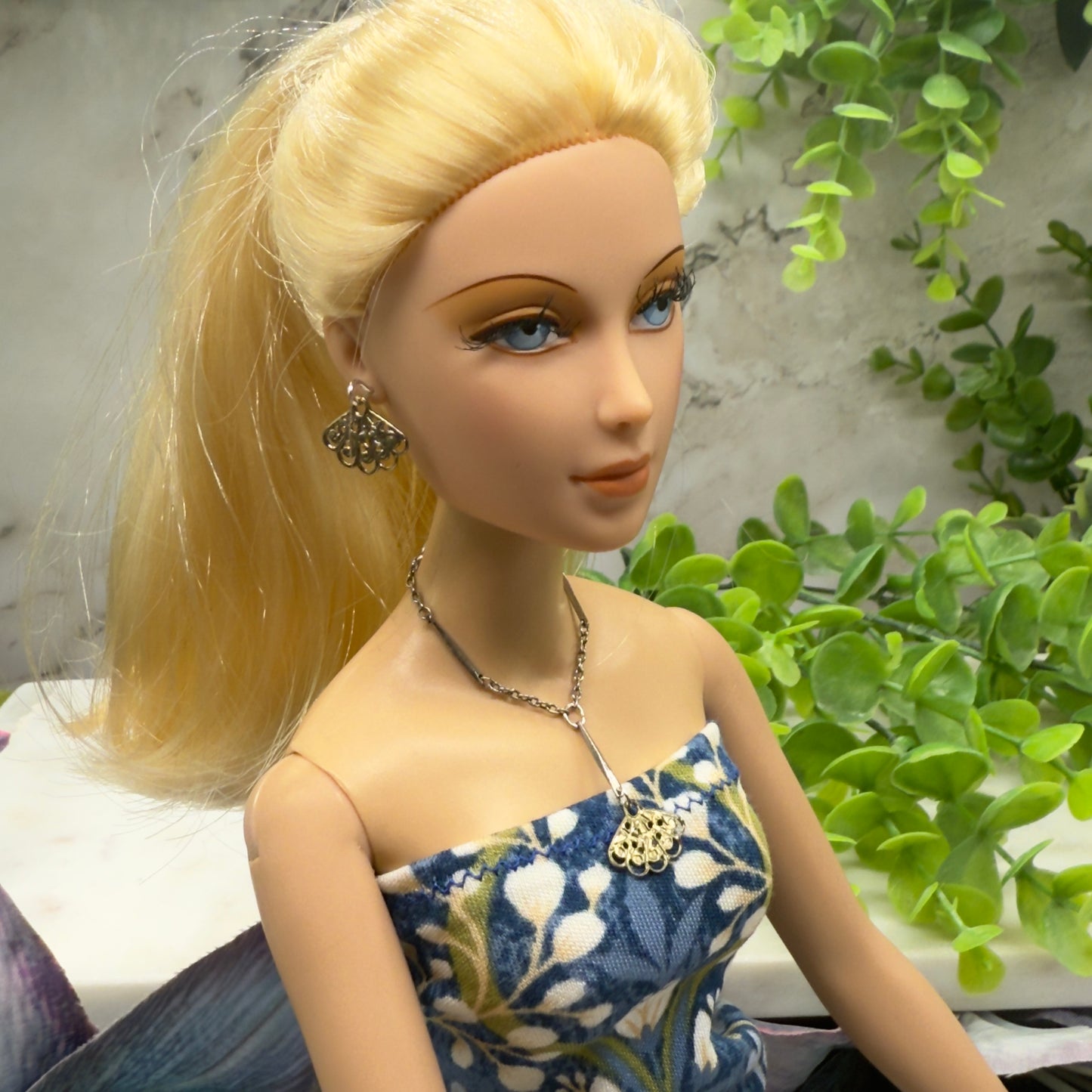 Silver & Gold Filigree Fan Dangle Doll Necklace Earring Set • 16” Doll Jewelry