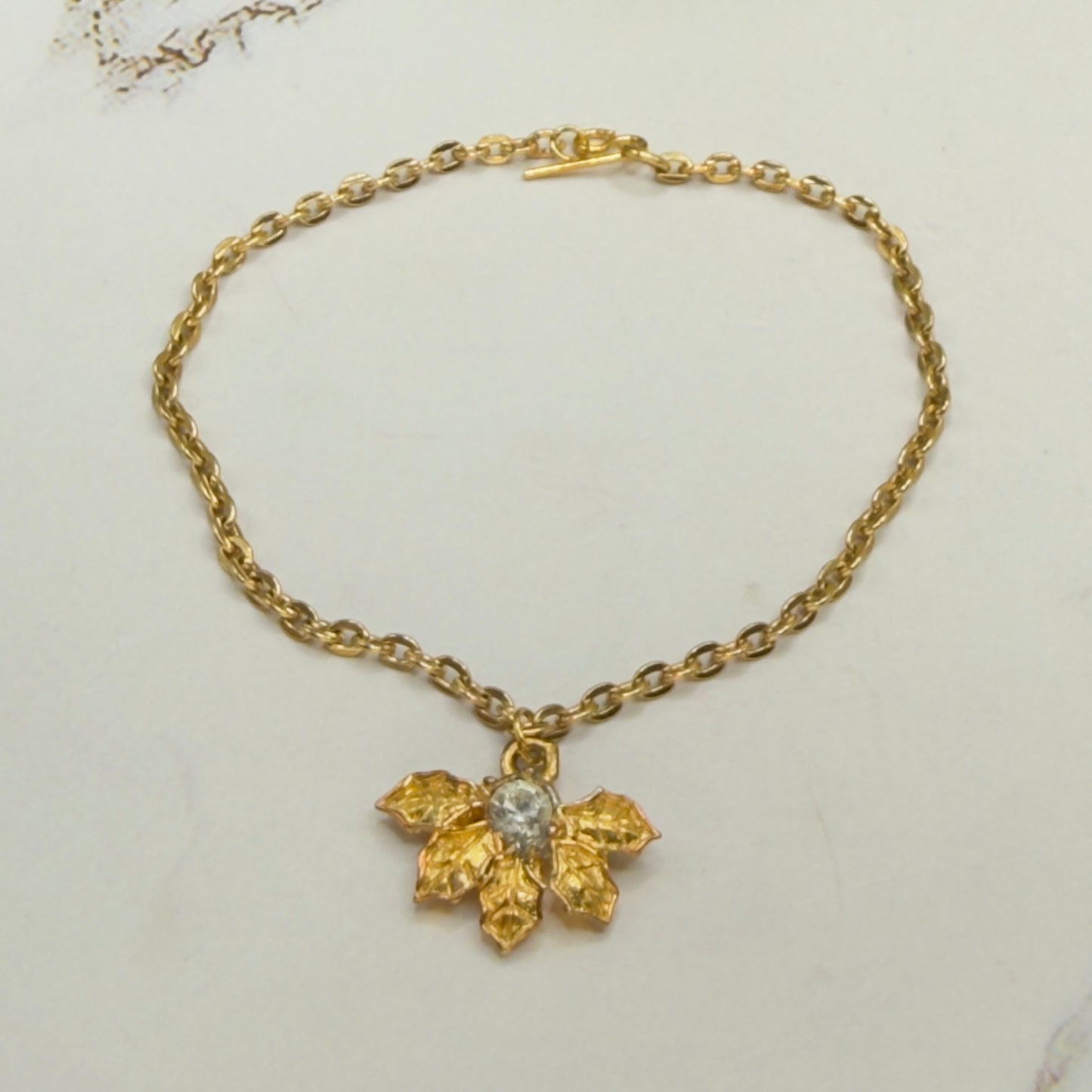 Textured Leaf Clear Rhinestone Gold Pendant Doll Necklace • 18 Inch Fashion Doll Jewelry