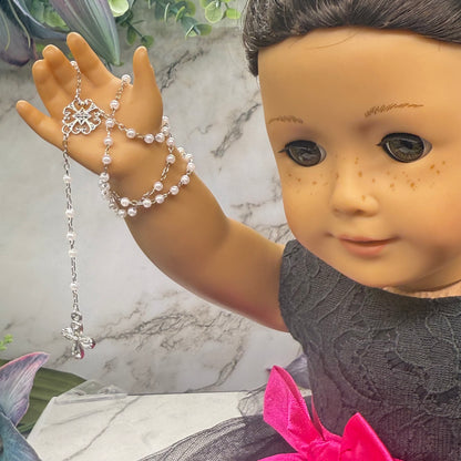 White Pearl Silver Chain & Cross • Doll Size Catholic Rosary for 18-22” Fashion or Vintage Dolls