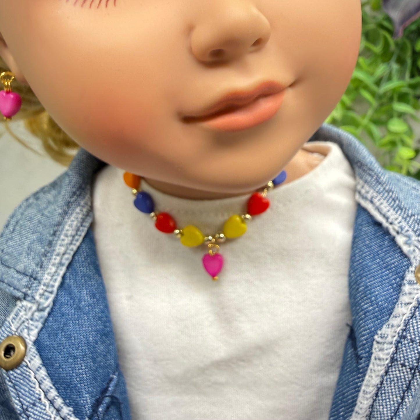 Rainbow Multi Color Heart Beaded Doll Necklace & Earrings Set • 18 Inch Fashion Doll Jewelry