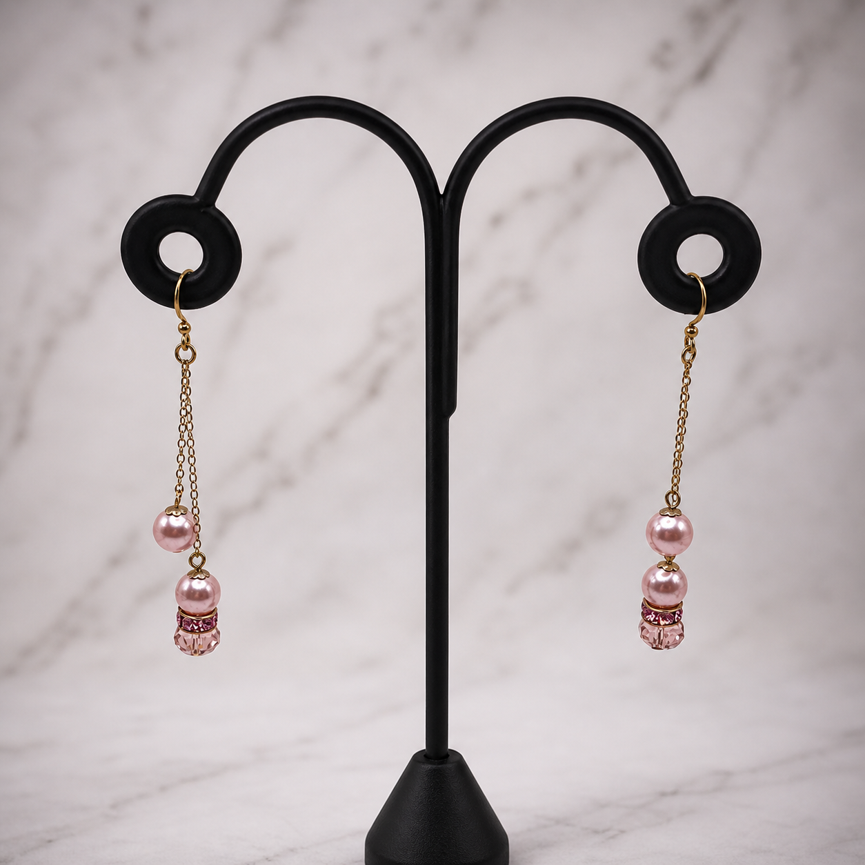 Pink Glass Crystal Pearl Rhinestone Gold Tone Chain • Handmade Dangle Earrings