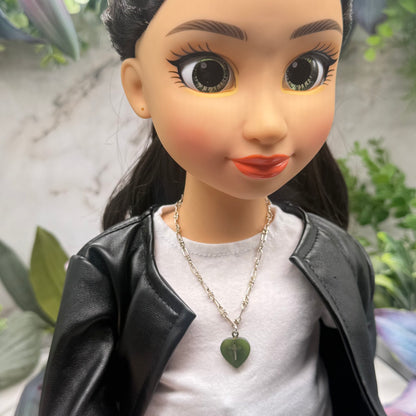 Green Jade Heart Charm with Carved Cross on Silver Chain Doll Necklace • 18 Inch Fashion Doll Jewelry