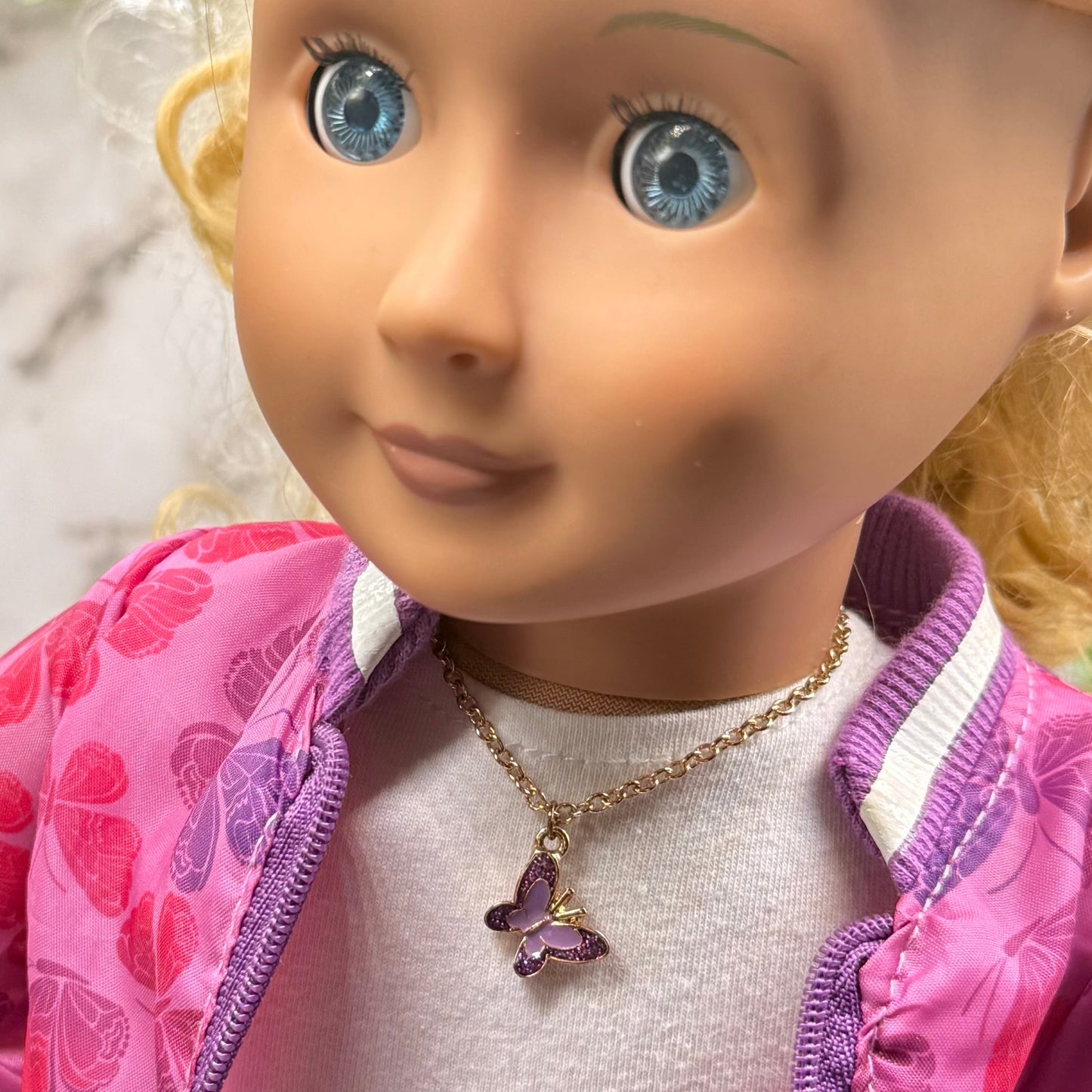 Purple Enamel Butterfly Charm Gold Doll Necklace • 18 Inch Fashion Doll Jewelry