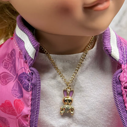 Bunny Purple & Green Enamel Detail Charm Doll Necklace Easter • 18 Inch Fashion Doll Jewelry