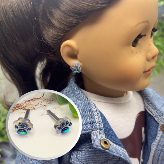 Blue Rainbow Effect Paw Print Post Doll Earrings • 2mm Post 18 Inch Fashion Doll