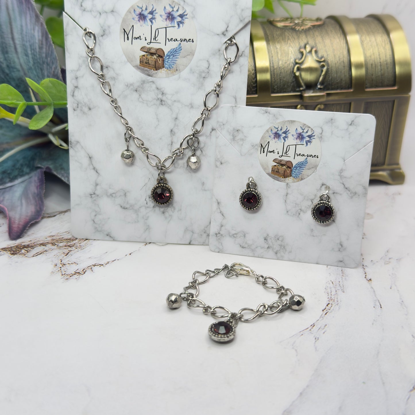 Purple Rhinestone Round Dangle Doll Necklace Bracelet & Earrings Set • 18 Inch Fashion Doll Jewelry