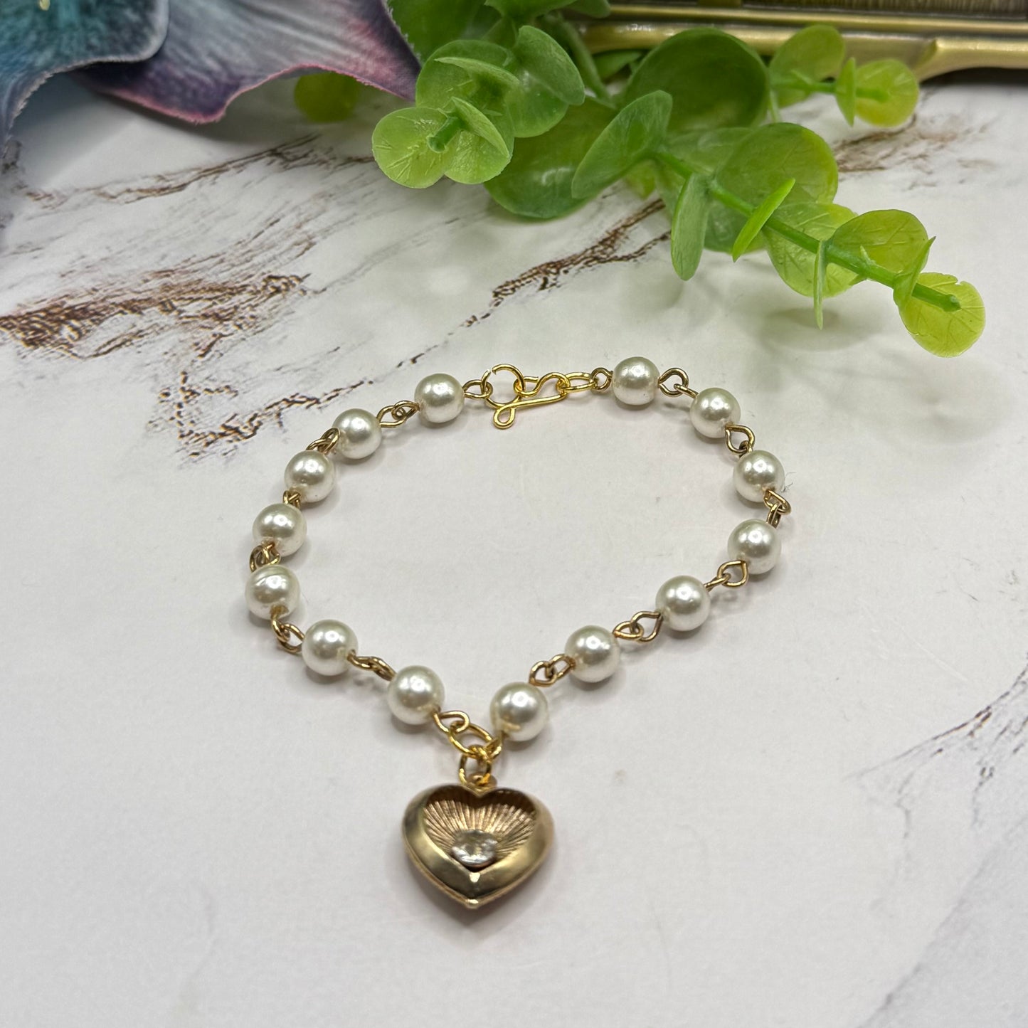 Heart Charm w/ Rhinestone Center Pearl Beaded Gold Doll Necklace • 18 Inch Fashion Doll Jewelry