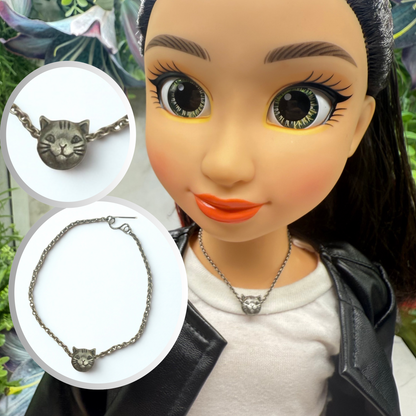 Silver Pewter Tone Cat Slide Charm Doll Necklace • 18 Inch Fashion Doll Jewelry