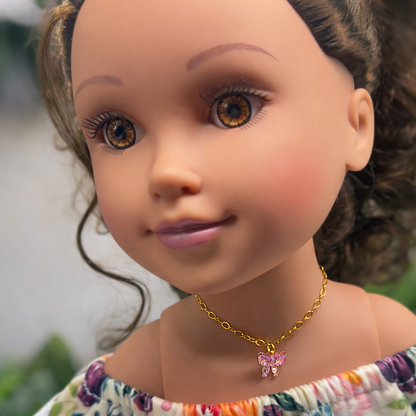 Pink Acrylic Butterfly Charm Gold Chain Doll Necklace • 18 Inch Fashion Doll Jewelry