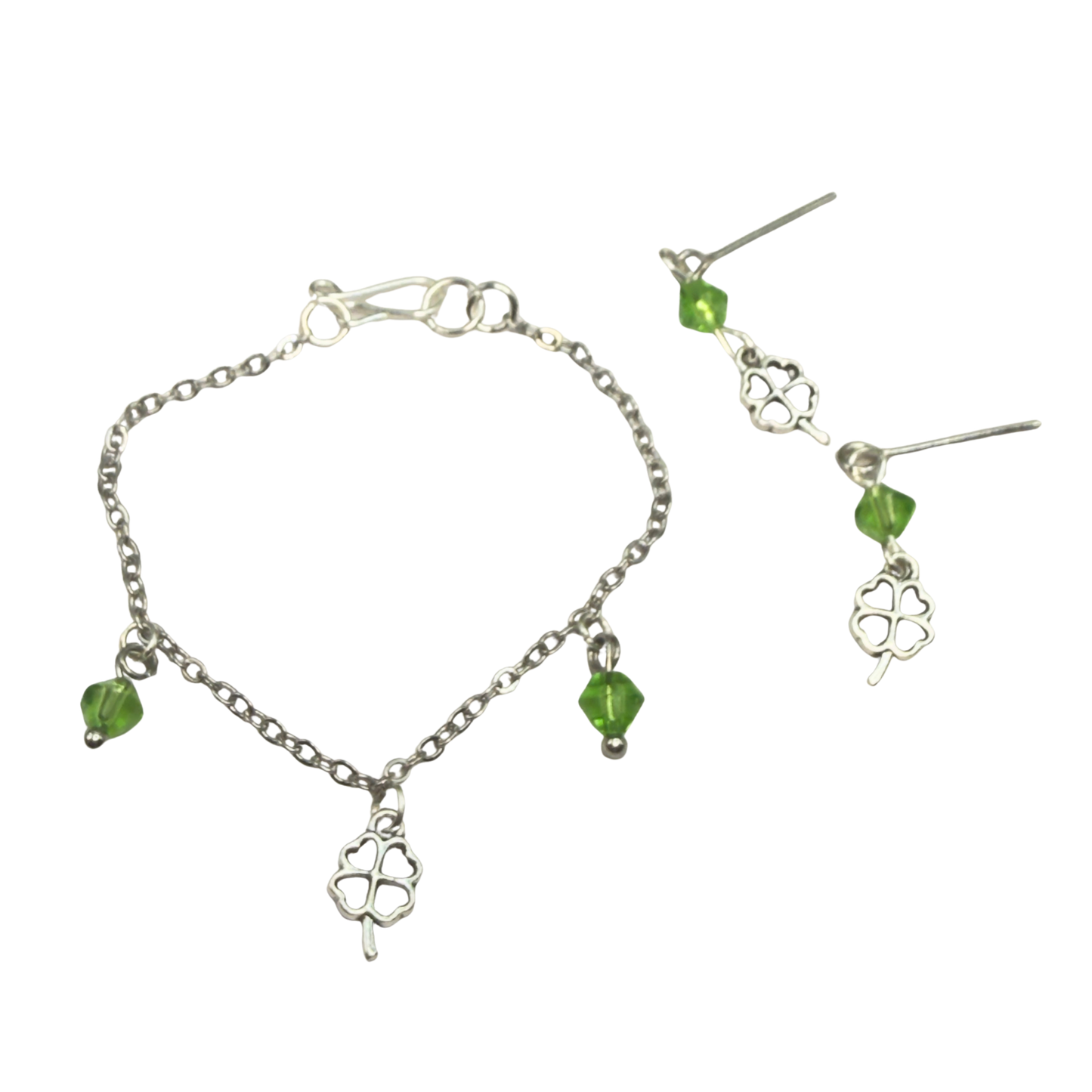 Silver Shamrock Charms Green Crystal Dangles Doll Necklace & Earrings • 14 Inch Fashion Doll Jewelry