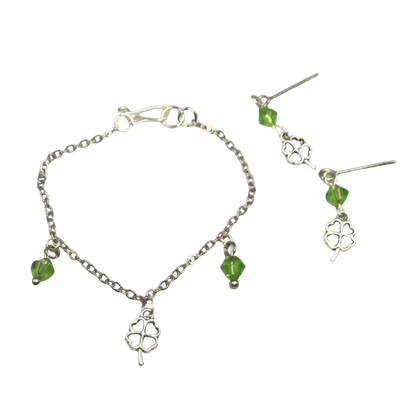 Silver Shamrock Charms Green Crystal Dangles Doll Necklace & Earrings • 14 Inch Fashion Doll Jewelry