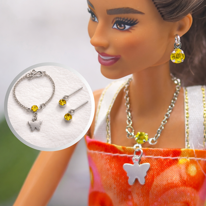 Silver Butterfly Yellow Rhinestone Charm Doll Necklace & Earrings • 10-12 Inch Fashion Doll Jewelry 1:6