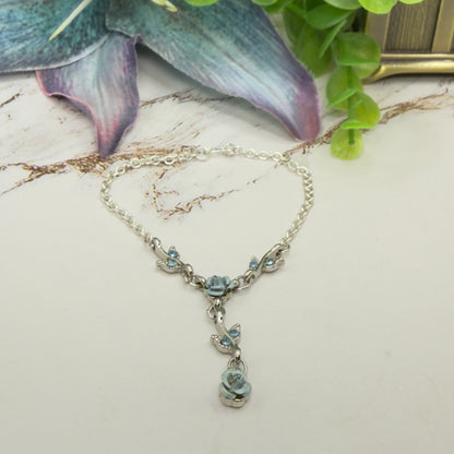 Light Blue & Silver 3D Rose Enamel & Rhinestone Accents Y-Design Doll Necklace • 18 Inch Fashion Doll Jewelry