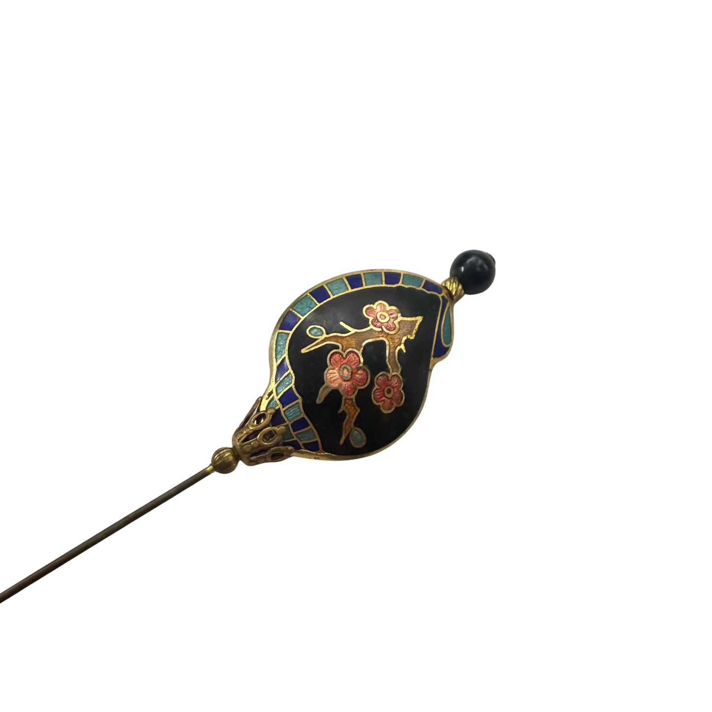 Black Shell Shape Cloisonné Cherry Blossom Branch Design Hatpin - 6 Inch