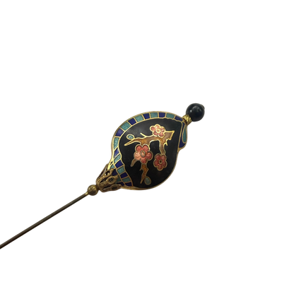 Black Shell Shape Cloisonné Cherry Blossom Branch Design Hatpin - 6 Inch