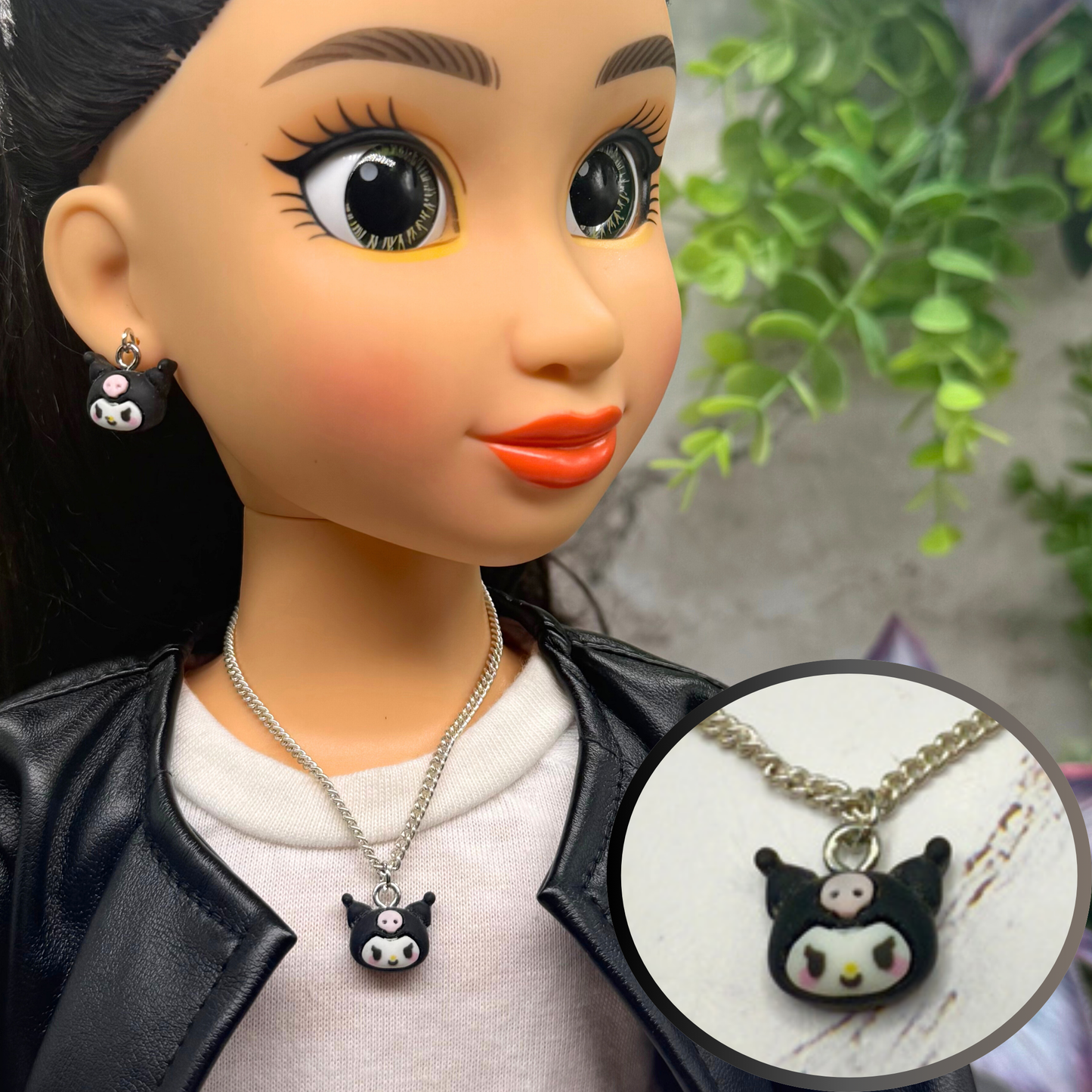 KUROMI Charm Sanrio Doll Necklace & Earrings Set • 18 Inch Fashion Doll Jewelry