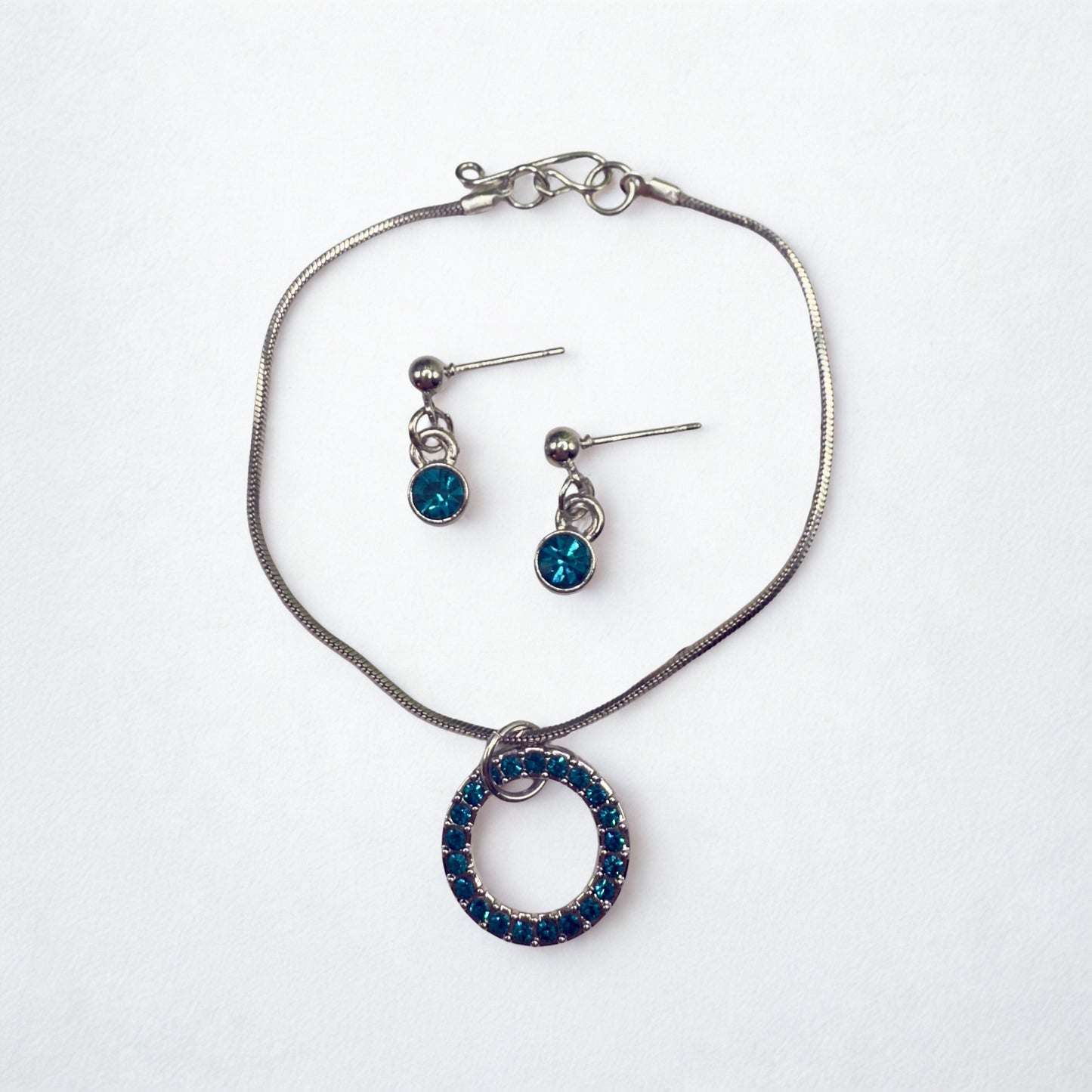 Turquoise Rhinestone Round Pendant Doll Necklace & Earrings Set • 18 Inch Fashion Doll Jewelry