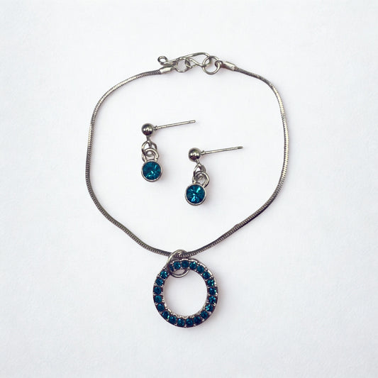 Turquoise Rhinestone Round Pendant Doll Necklace & Earrings Set • 18 Inch Fashion Doll Jewelry