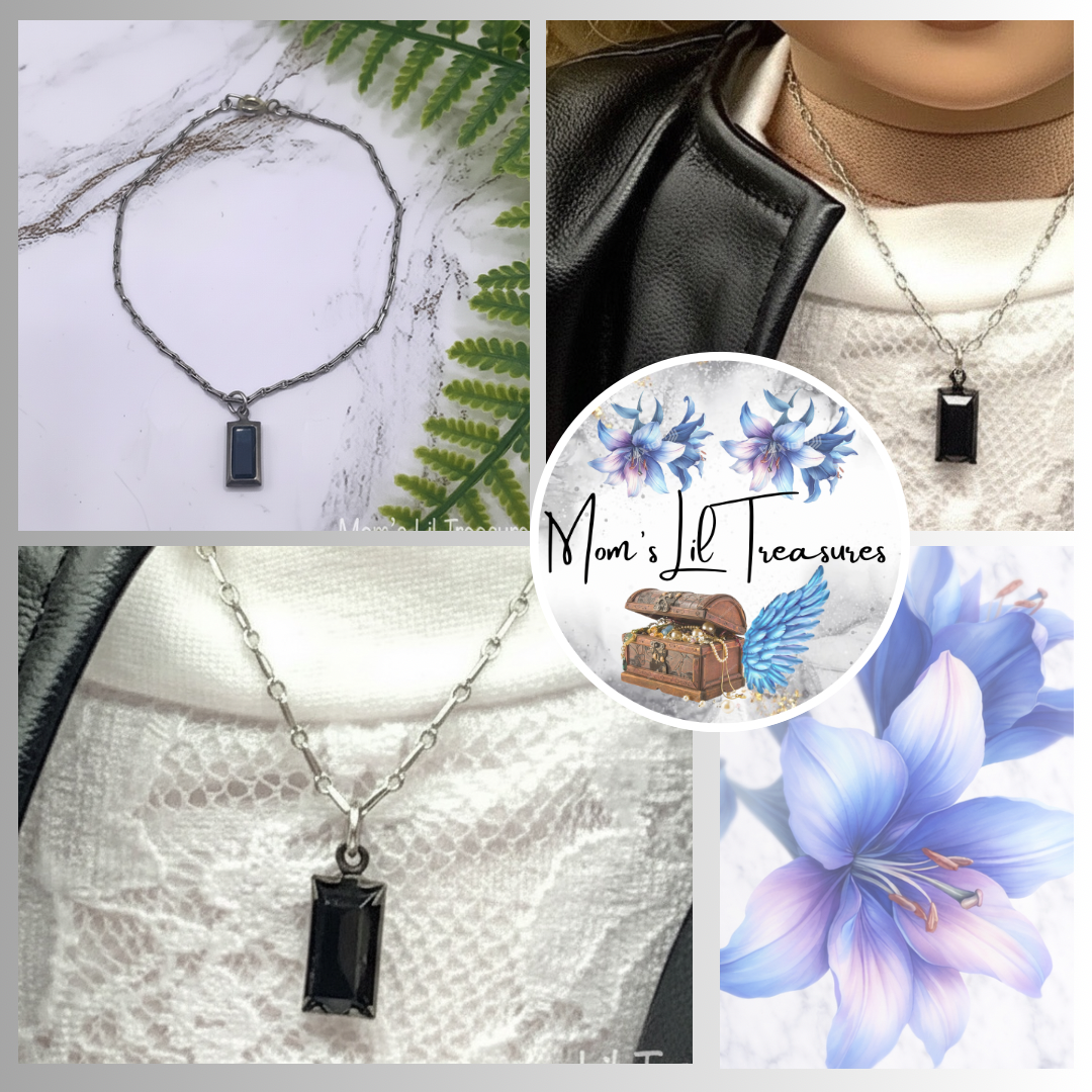 Black Glass Rectangular Pendant Silver Doll Necklace • 18 Inch Doll Jewelry