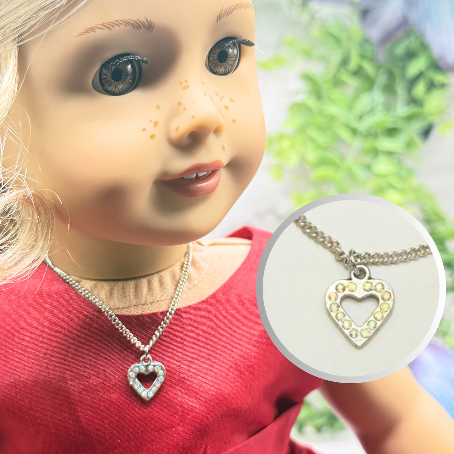 Rhinestone Heart Charm Silver Doll Necklace • 18 Inch Fashion Doll Jewelry