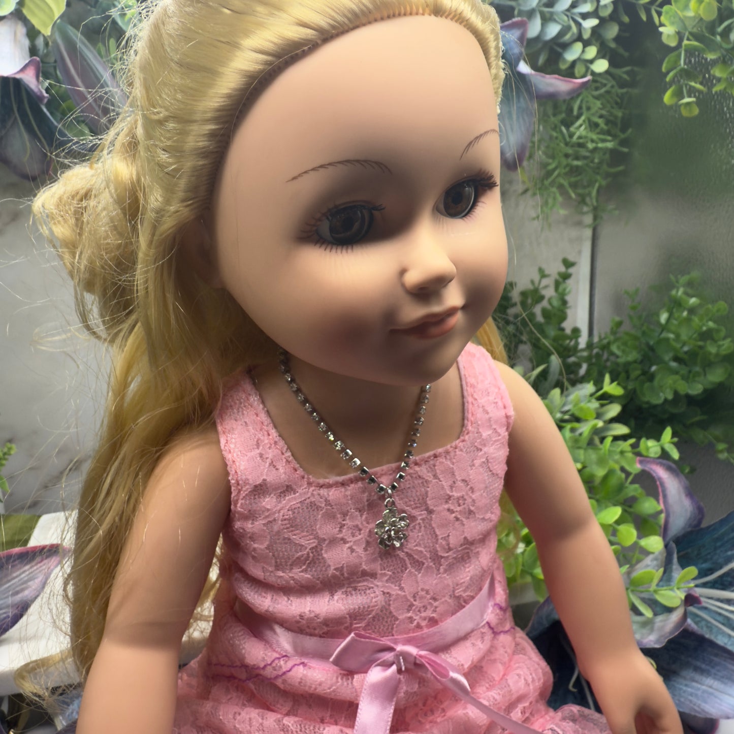 Clear Rhinestone Flower Pendant Doll Necklace • 18” Fashion Doll Jewelry