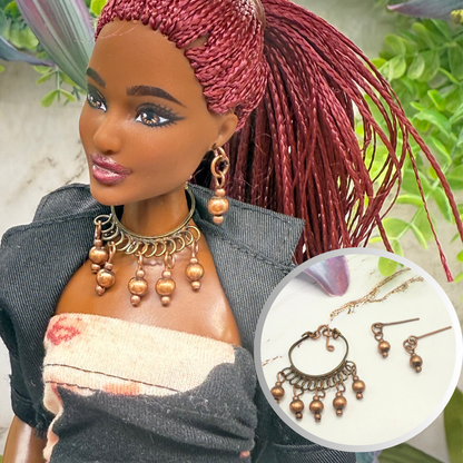 Bronze Copper Beaded Collar Style Necklace & Earrings Set  • 10-12 Inch Fashion Doll Jewelry 1:6