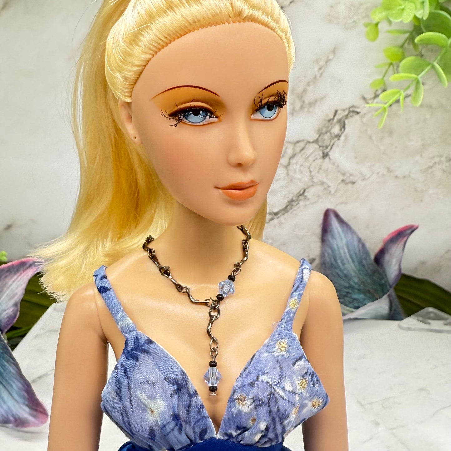 Blue Glass Crystal Gunmetal Silver Curved Link Doll Necklace • 16 Inch Fashion Doll Jewelry